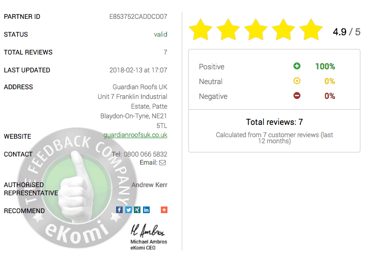 Guardian Roofs UK customer review summary with 4.9/5 rating, showcasing positive feedback and contact details for approved installers of Guardian Warm Roof systems.
